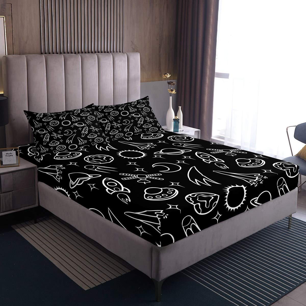 Juego de cama Rocket Space Rocket - Juego de sábanas para niños y niñas con diseño de nave espacial, funda de cama para cama de aventura en el espacio exterior, color negro, blanco y negro
