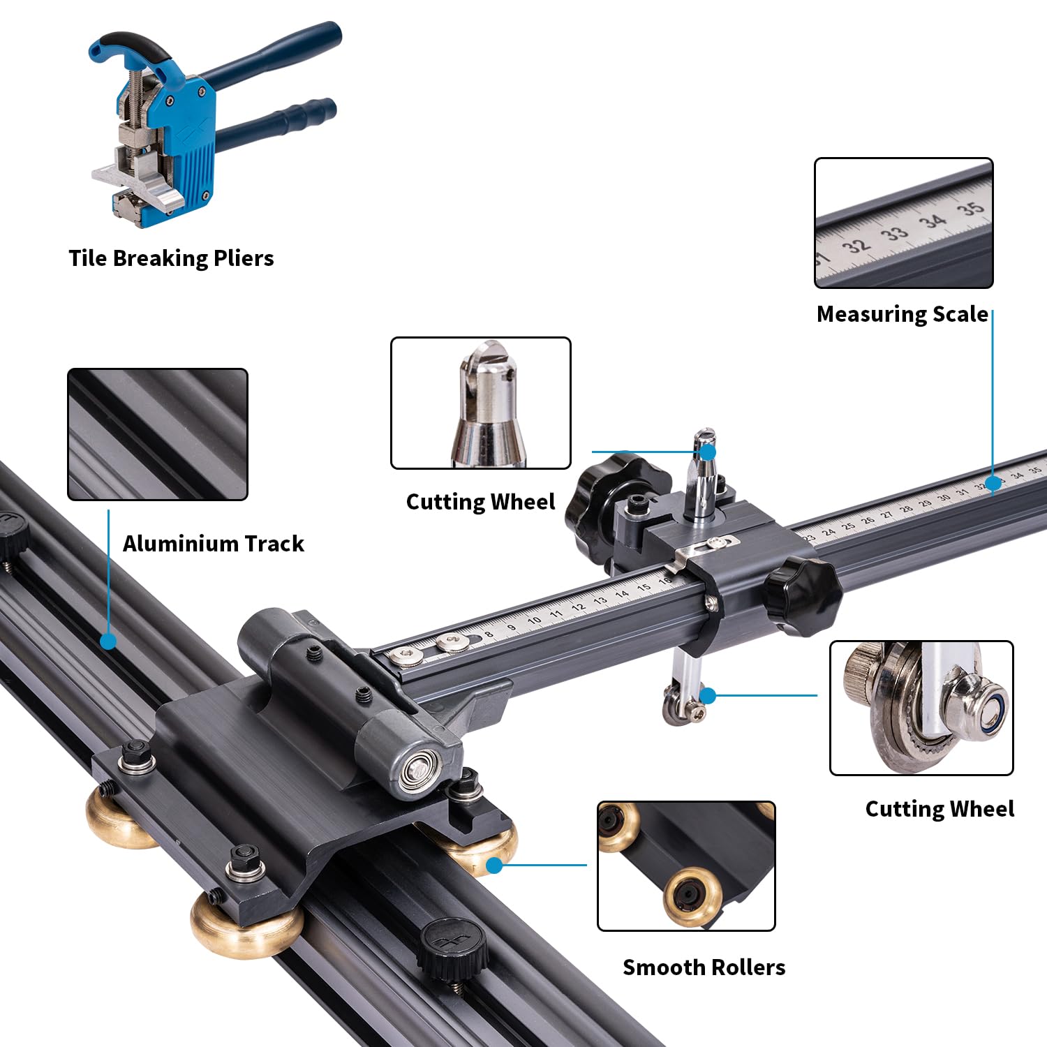KATSU Tools Cortador manual profesional de azulejos en forma de T, 3 metros, rieles guía seccionados de aleación de aluminio, alicates para romper azulejos, diseño de doble hoja, corte de precisión,