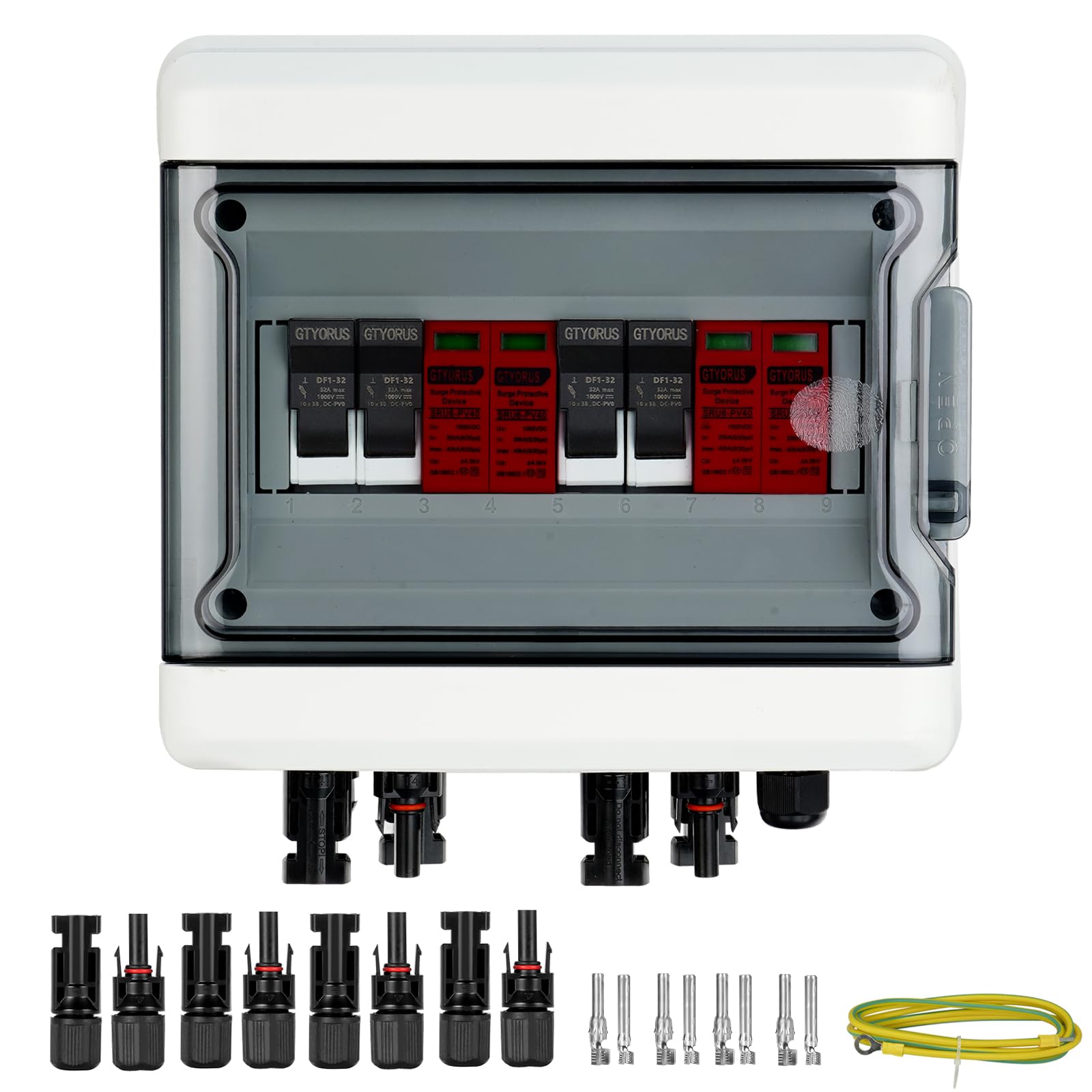 Scatola di Giunzione Solare Fotovoltaica, IP65 Scatola di Fusibili 2P DC 1000V 32A con Protezione Dalle Sovratensioni, 2 Stringhe di 9 Moduli (2 in 2 uscita)