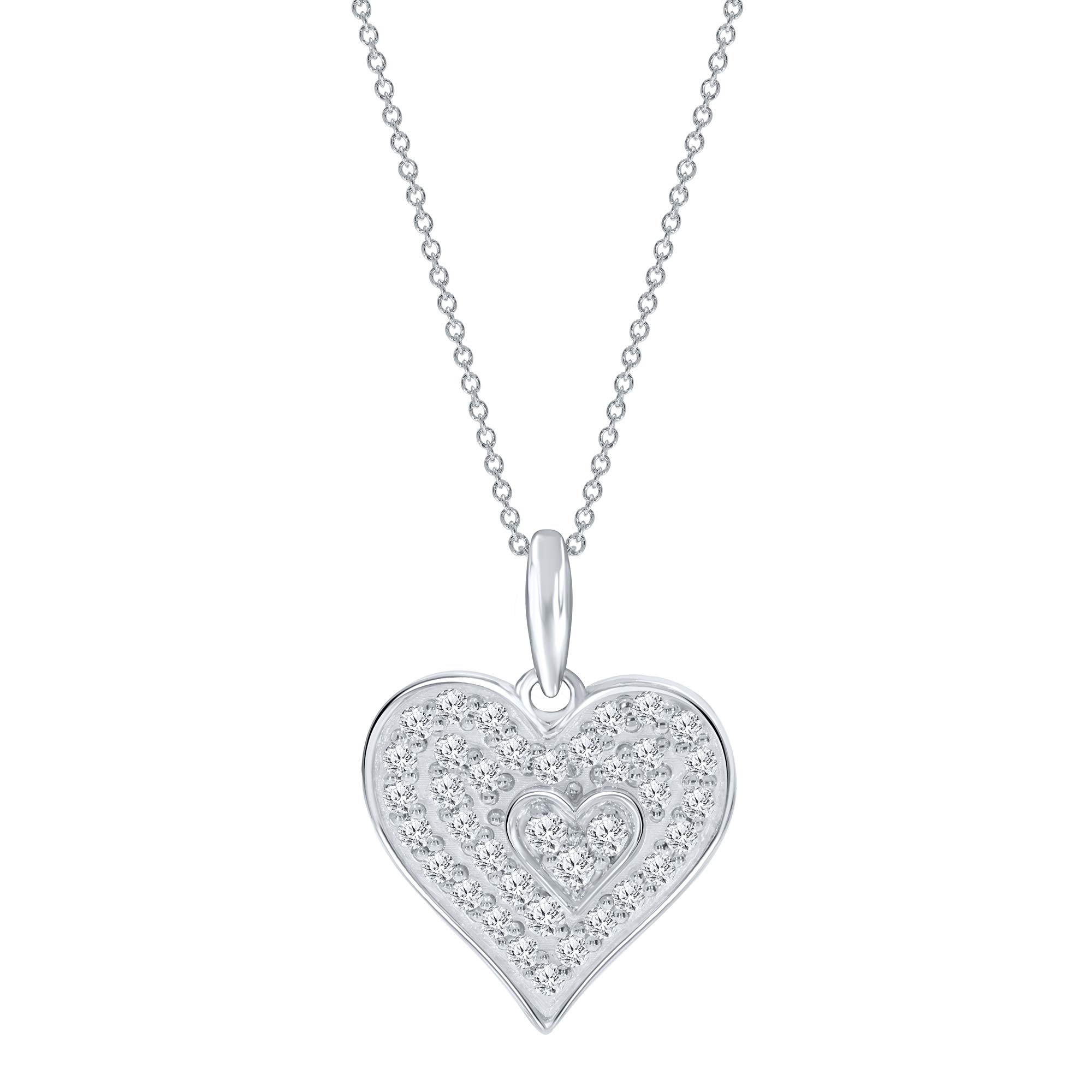 Elmas JewelryElmas 1/5ct Round White Natural Diamond 925 Sterling Silver Cluster Heart Pendant Necklace for Women