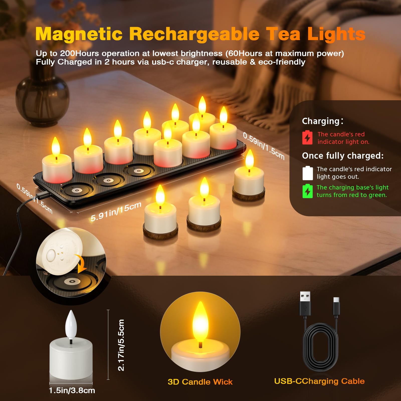 Yme Wasserdicht Teelichter LED Aufladbar mit Magnet Ladestation, 12er Set | Aufladbare LED Teelichter Wiederaufladbar Kerzen mit Fernbedienung Timer für Wohnzimmer Halloween Weihnachten Party Deko