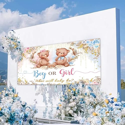 Miniatura 7 de Pancarta de revelación de género de oso bohemio, telón de fondo para niño o niña, para baby shower, suministros de decoración de fiesta de baby