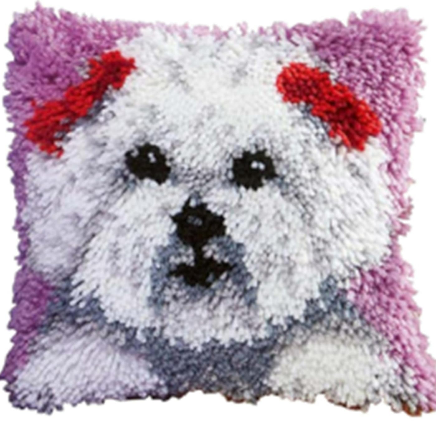 Gofission Latch Hook Cushion Kits for Adult Beginners, Adorable Purple Puppy DIY Preprinted Pattern Pillow Making Kit with Accessories for Sofa Bedroom Decor 17x17 inch (Puppy)