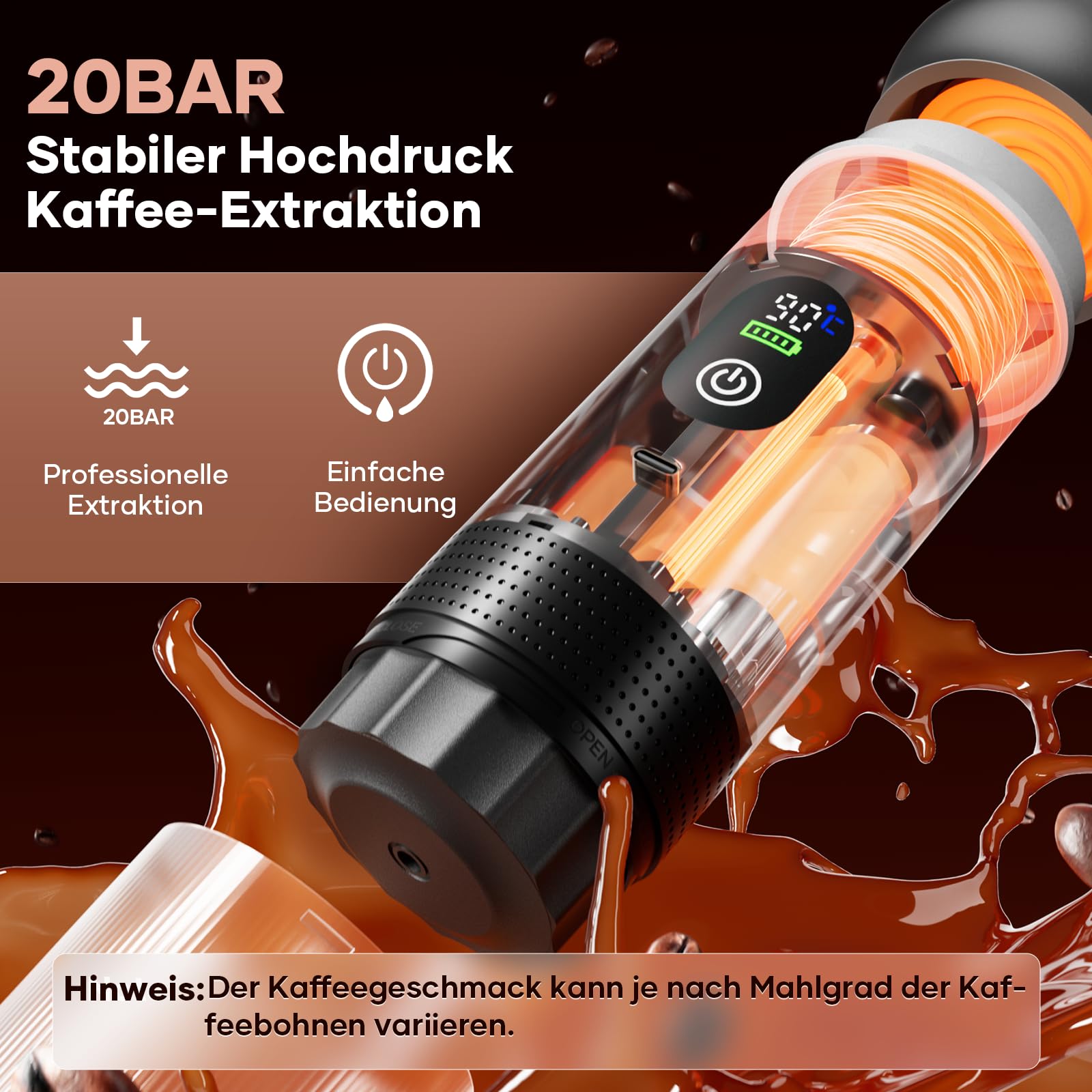 kejector Tragbare Espressomaschine mit Akku, 3-IN-1 für gemahlenem Kaffee und Kapsel, Digitalanzeige