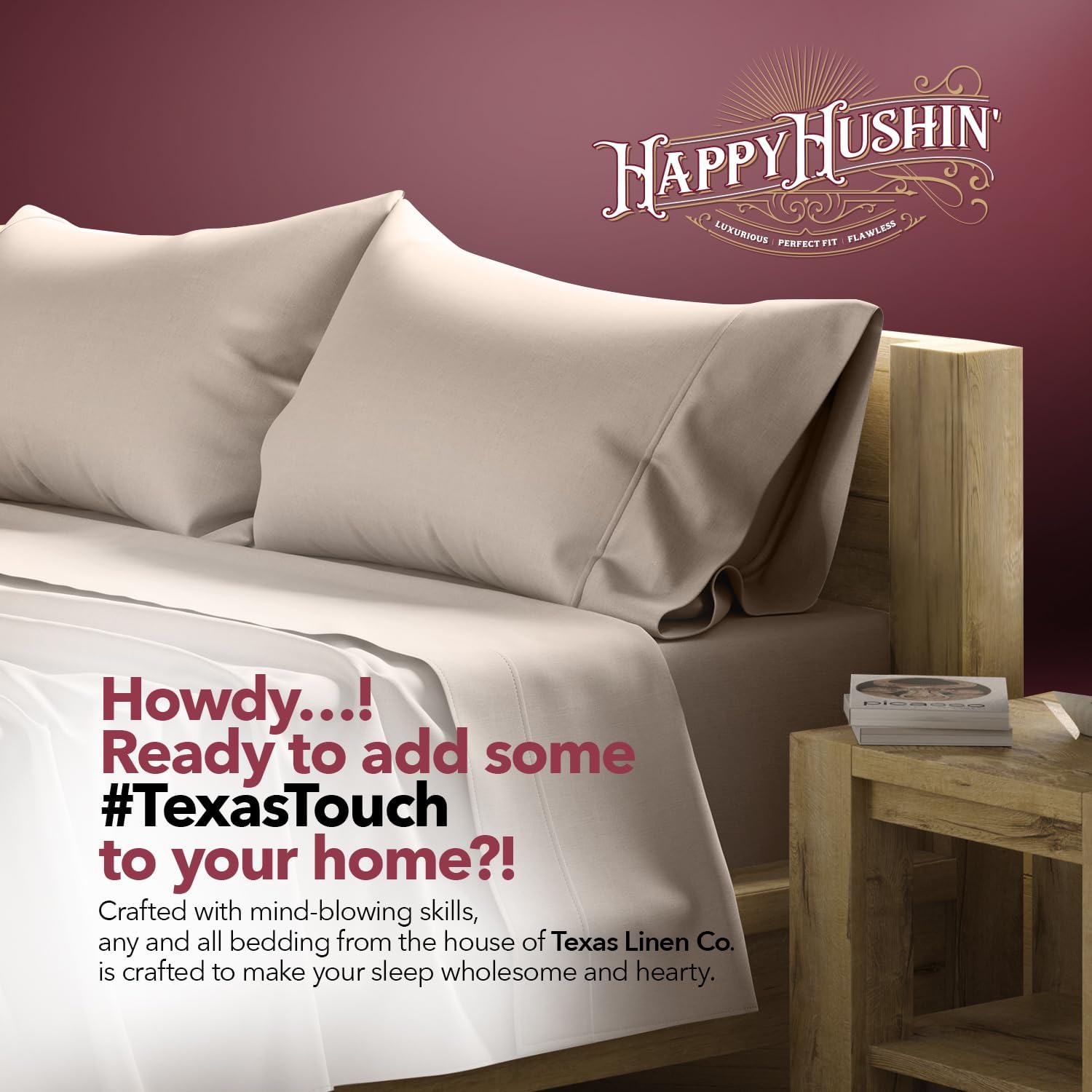 TEXAS LINEN CO. 100% Egyptian Cotton Sheets King Size Sheets Set - Luxury 800 Series Happy Hushin' Collection King Sheet Set (4 PC, Taupe), Sateen Elasticized 16" Deep Pocket Hotel Sheets