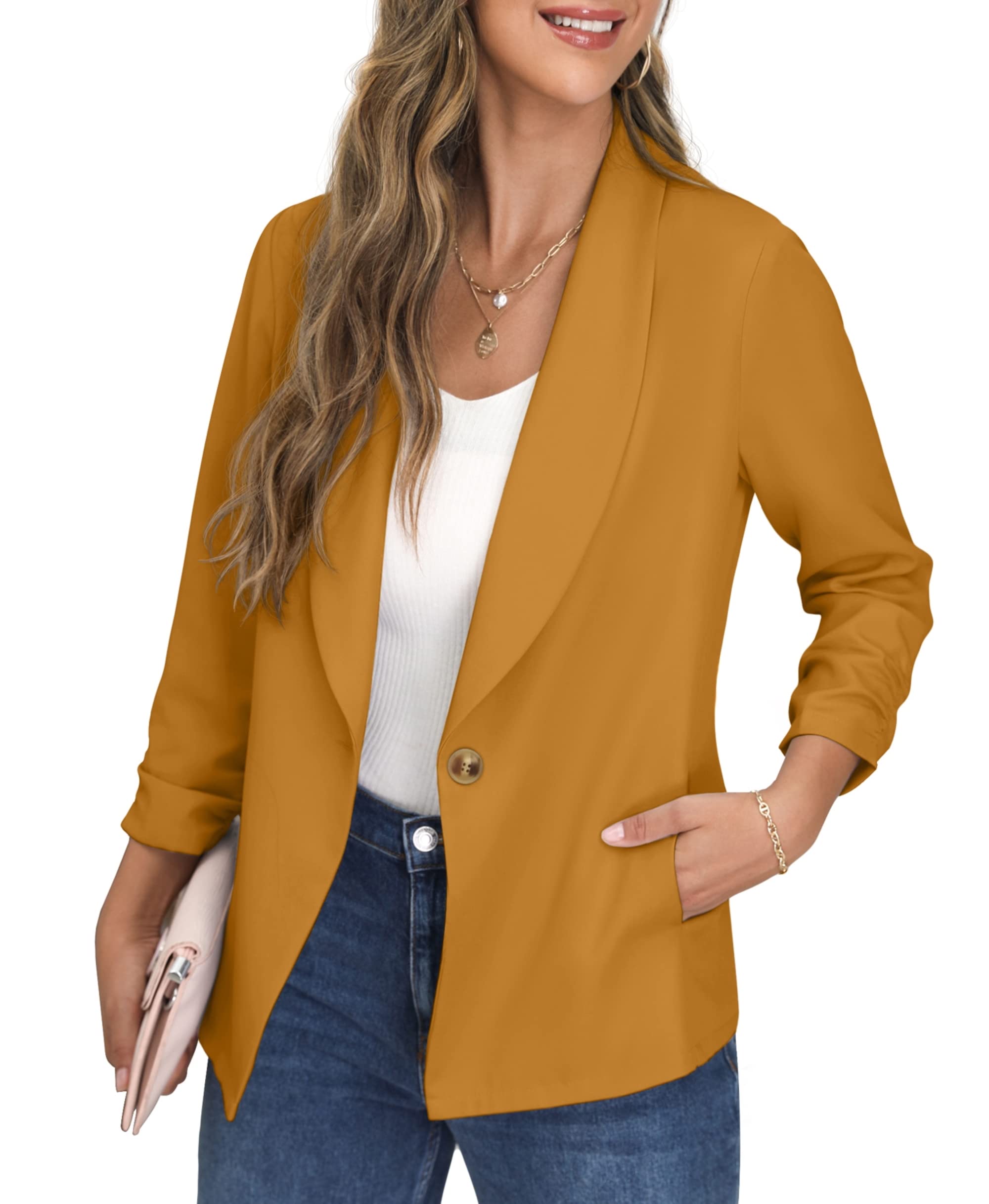 Womens Blazer Jackets for Women 3 4 Ruched Sleeve Work Casual Blazer with Pockets