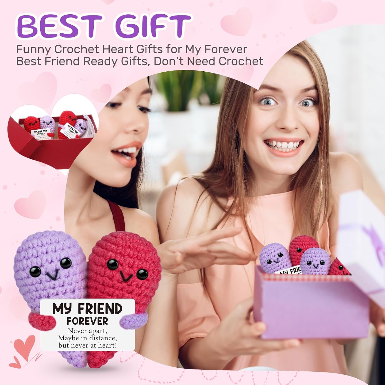 Soulchen 2 Pcs Friendship Gift for Women Long Distance Friendship Crochet Heart Best Friend Birthday Gifts White Elephant Present for Bestie BFF, Handmade Stuff Desk Decor(Red and Purple)