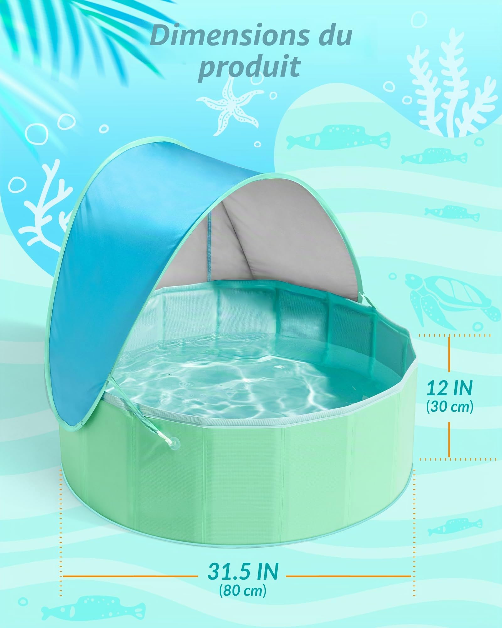 Hikiddy Piscine pour enfants pliable avec auvent : piscine bébé de 80 cm (Bleu & Menthe, 80 cm)
