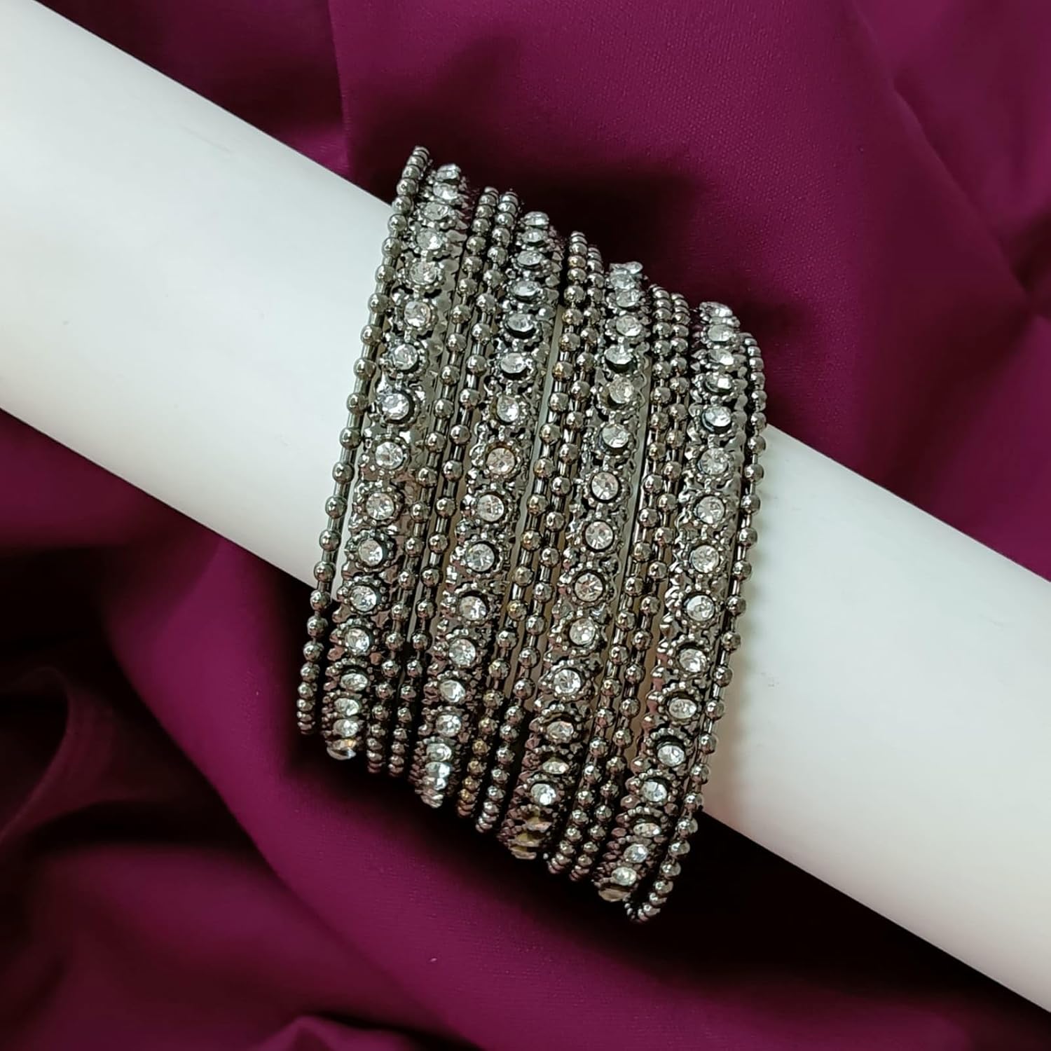 Efulgenz Oxidized Silver Bangles for Women Indian Boho Oxidized Bangles CZ Crystal Metal Indian Bracelet Bangle Set Jewellery for Women