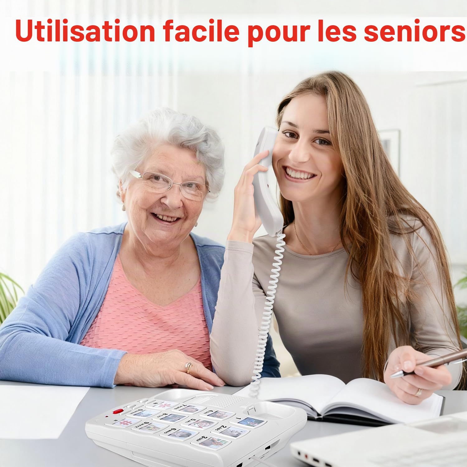 Téléphone à Gros Boutons pour Personnes âgées, téléphones Fixes Uvital pour Personnes âgées avec 10 Gros Boutons de numérotation à Une Touche, téléphone Fixe Filaire avec Bouton d'urgence SOS, Photo