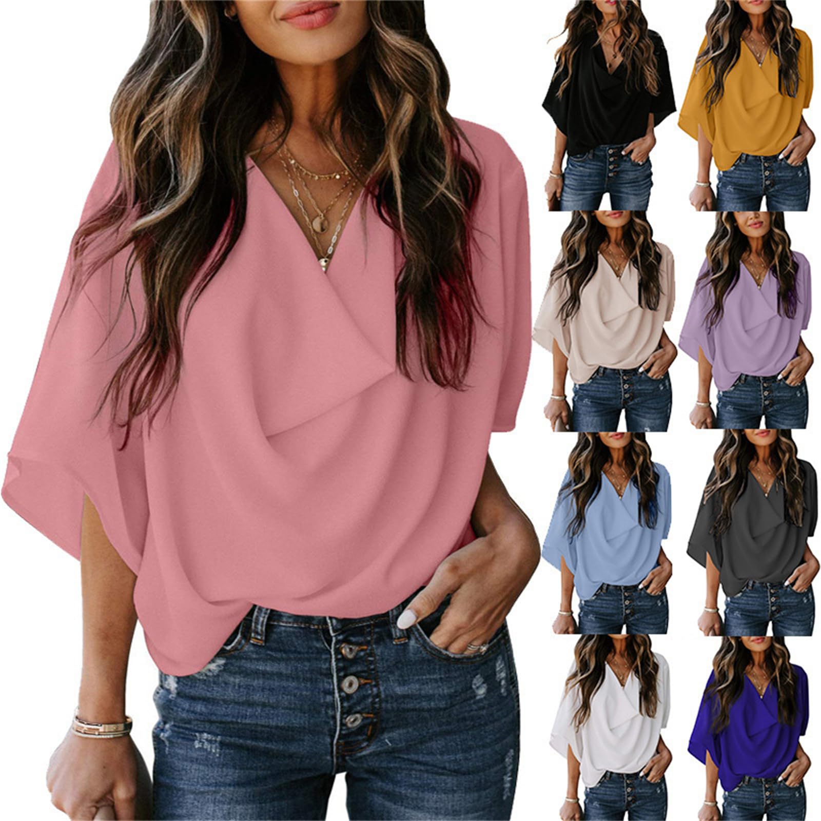 Damen Langarmshirt Chiffon-Bluse, Lockeres V-Ausschnitt, Lässiges Top, T-Shirt, Damenbekleidung-Aprikose-XXXL
