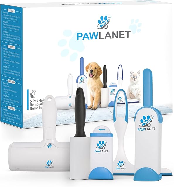 Pawlanet 5 in 1 Complete Pet Hair Removal Set  Reusable Easy to Clean Roller - Brush with Easy Self-Cleaning Base Removes Lint, Dog, Cat Hairs from Clothes, Sofas, Beds, Carpets and More  UK Brand