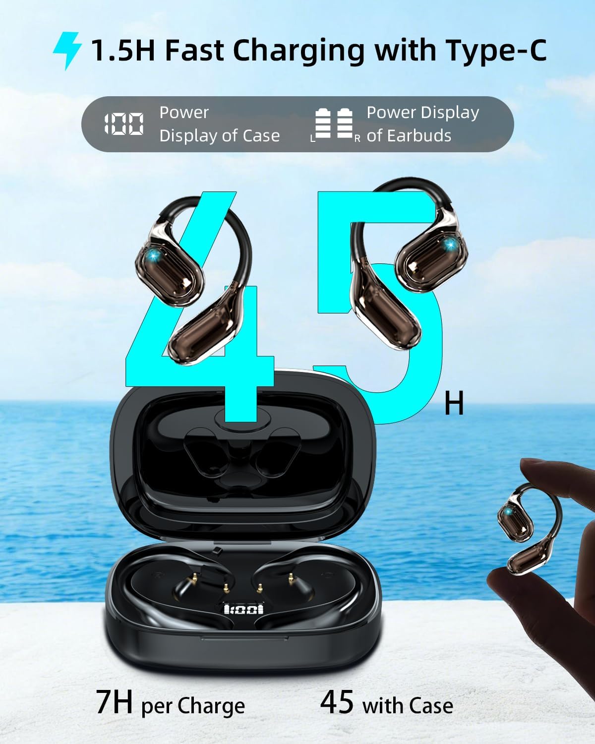 Open Earbuds True Wireless Open Ear Headphones, Bluetooth 5.4 Over Ear Earbuds with Earhook, 50 H Playtime Ear Buds, Waterproof Open Earphones Fit Sport, Running Black