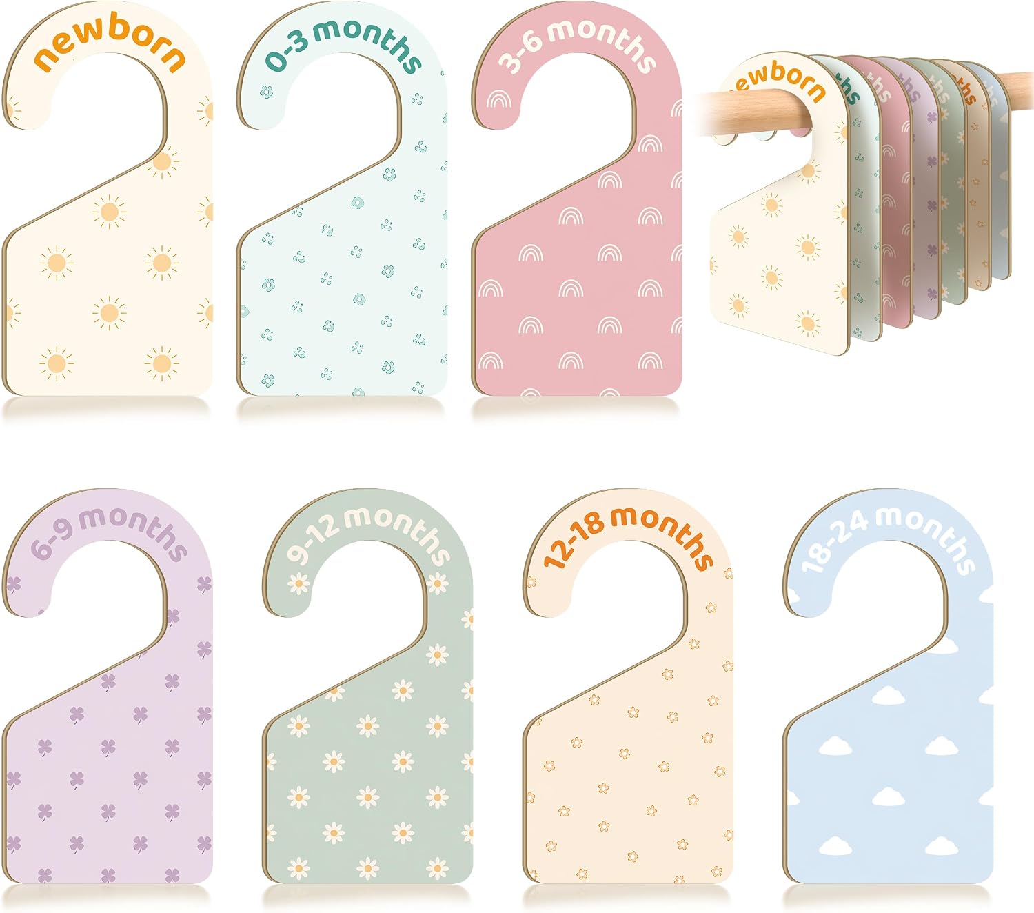7 PCS Boho Closet Dividers for Baby Clothes, Double-Sided Pastel Nursery Wardrobe Organizer with Size Labels for Newborn to 24 Months, Neutral Baby Room Decor Accessories