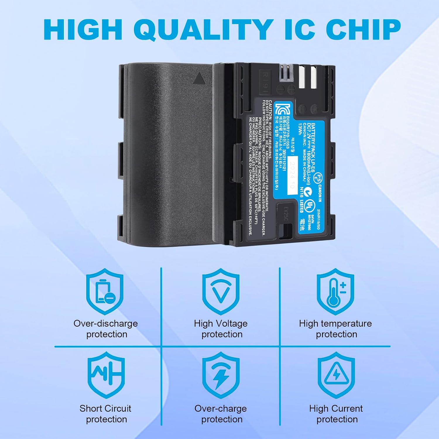 LP-E6 Battery Replacement 1800mAh for Canon EOS R, EOS R5, EOS R6, EOS R6 II, EOS R7, EOS 90D, EOS 60D, EOS 70D, EOS 80D, EOS 6D, EOS 7D, EOS 7D Mark II, XC10, XC15 Cameras - Image 2