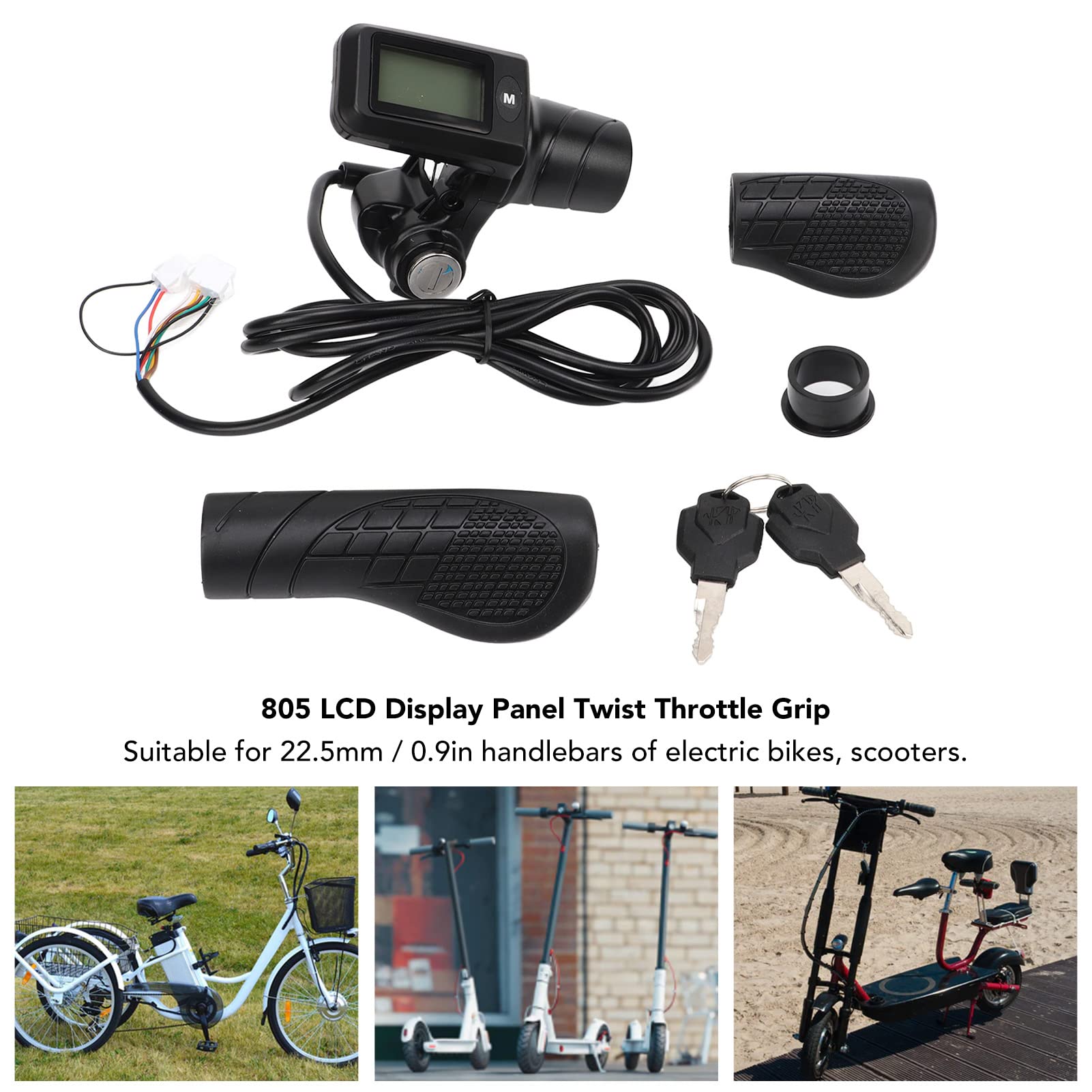 JEOZBM Poignée D'Accélérateur de Vélo Électrique, Panneau D'Affichage LCD 805, Guidon Virevoltant pour Scooter, Demi-Poignée D'Accélérateur avec Joint de Clé pour Guidon de 22,5 mm