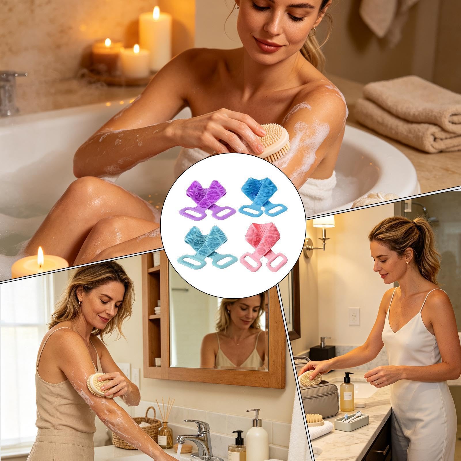 Pack de 4 cepillos exfoliantes corporales de silicona, de doble cara, secado rápido, para cuello, brazos, niños, hombres y mujeres, ideal para baño, gimnasio, viajes