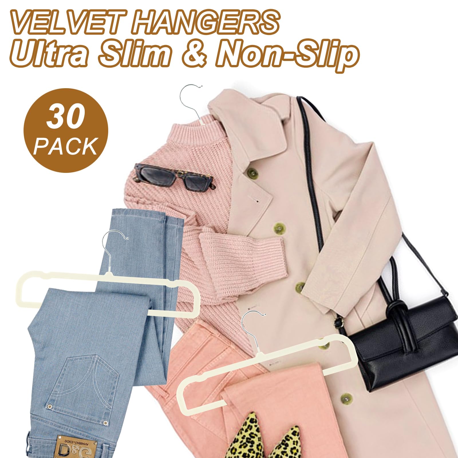 Perchas antideslizantes para pantalones, paquete de 30 perchas de terciopelo para armario con 30 ganchos, perchas delgadas y resistentes que ahorran espacio para pantalones, camisas, brasieres,