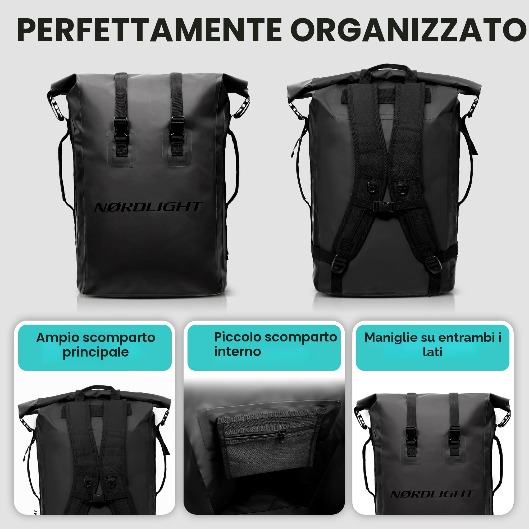 Nordlight Zaino Impermeabile Dry Bag 35l - (Nero) Roll Top con Cinghia di Trasporto Imbottita, per Bici, Messenger, Trekking, Pesca