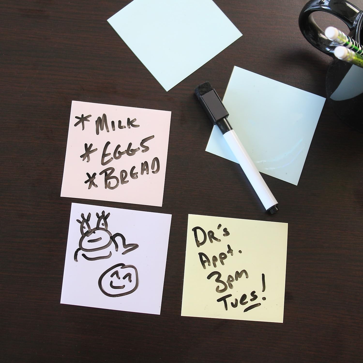 Flipside Products 3" x 3" Pastel Dry Erase Notes w/Black Marker and Eraser Cap, Reusable Sticky Notes, Removeable Desk Dry Erase Sticker, Repositionable, Peel and Stick, White - 4 Packs of 12 Sheets