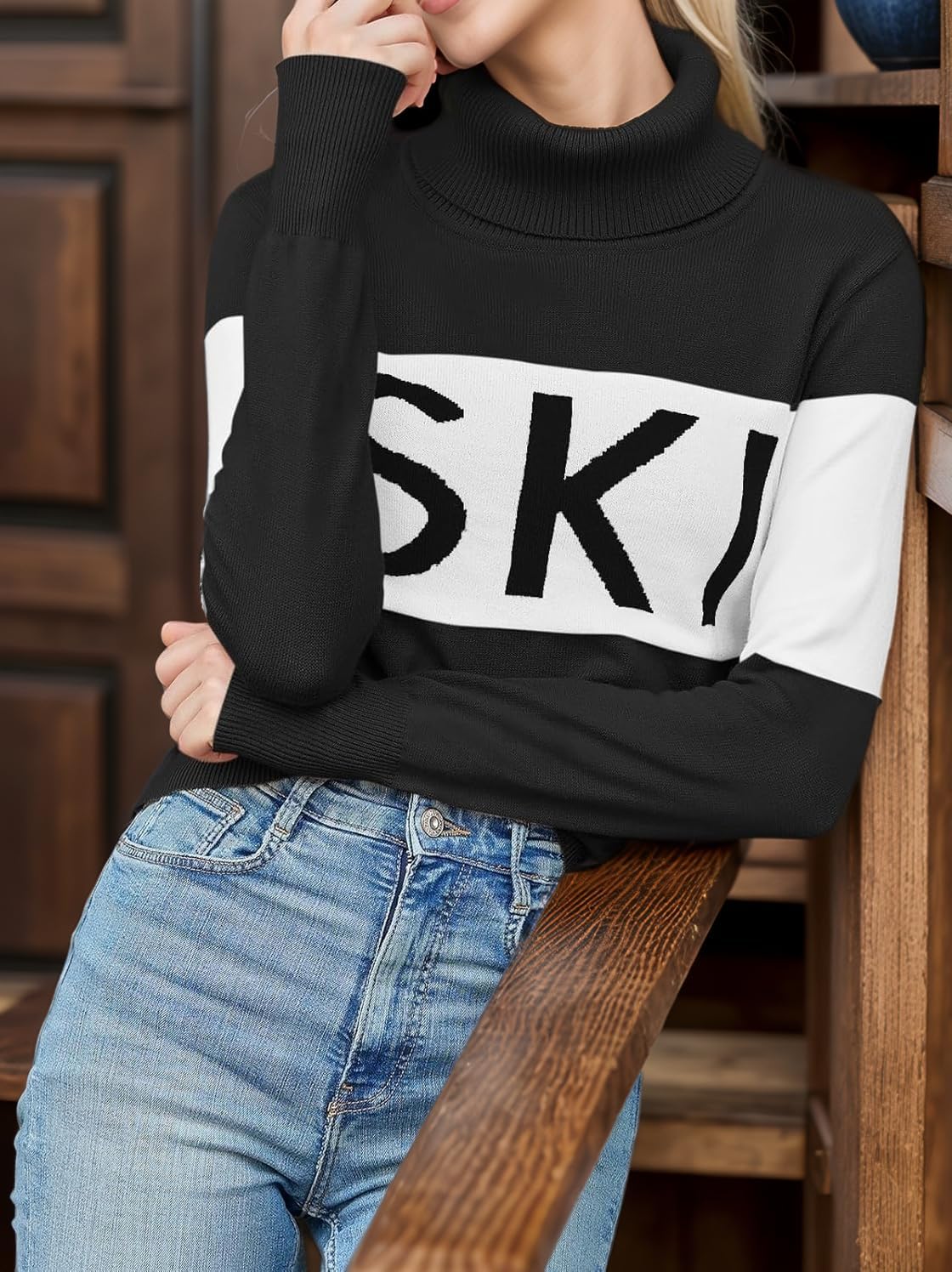 Women Turtleneck Sweater Warm Shirts Apres Ski Shirt with Ear and Thumb Holes Winter Skiing Snow Trip Party Fit - Image 3
