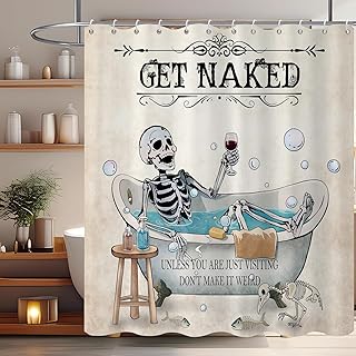 Halloween Shower Curtain, Vintage Gothic Spooky Funny Skull Skeleton Get Naked Bathroom Curtain Home Decor Waterproof Fabric Machine Washable with 12 PCS Hooks,72" Wx72 L