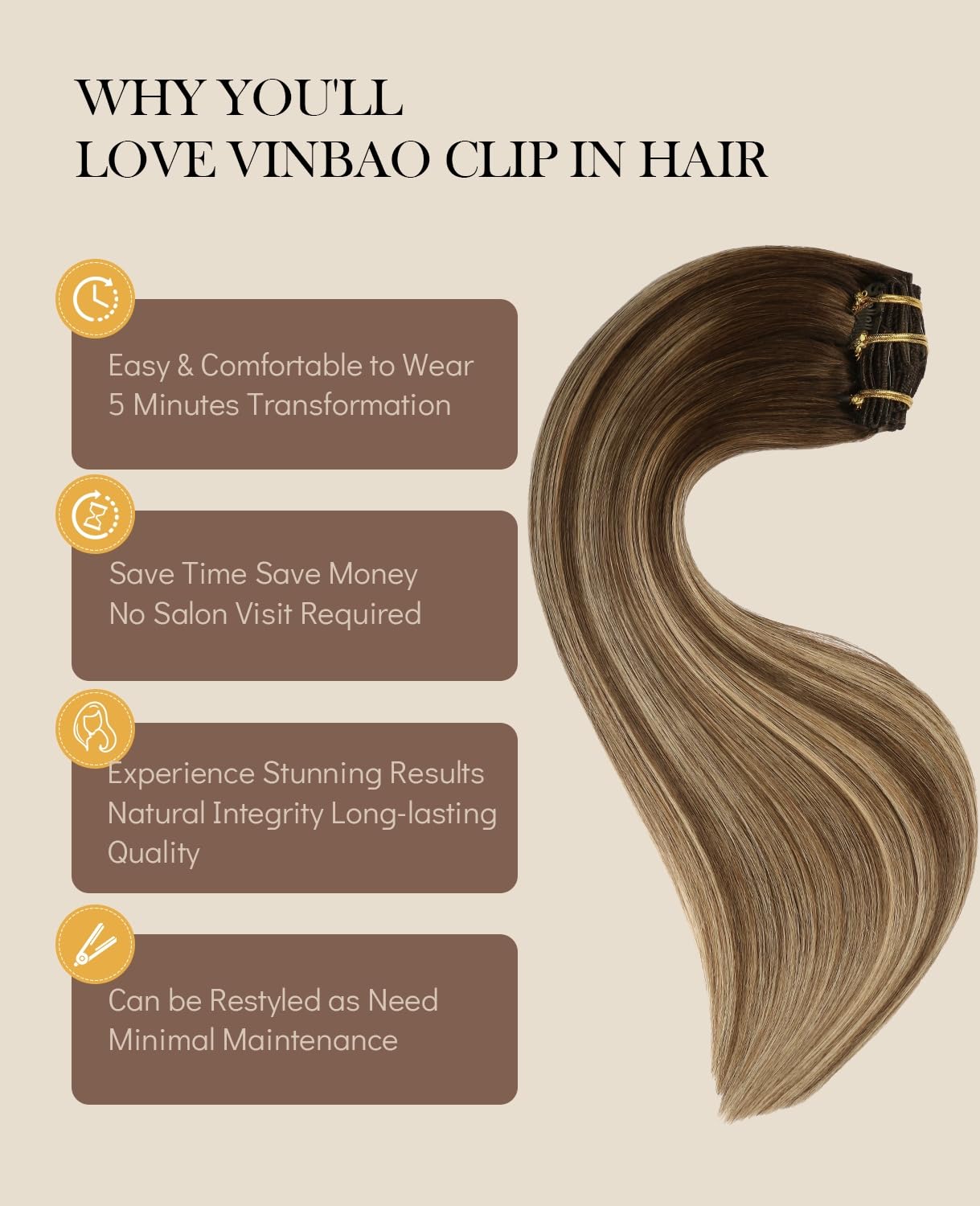 VINBAO Clip in Extensions Echthaar Balayage Remy Haarverlaengerung Echthaar #4/27/4 Dunkelbraun bis Karamellblond mit Blond 22 Zoll 120g 6Stück Doppelt Tressen (#4/27/4,55cm)