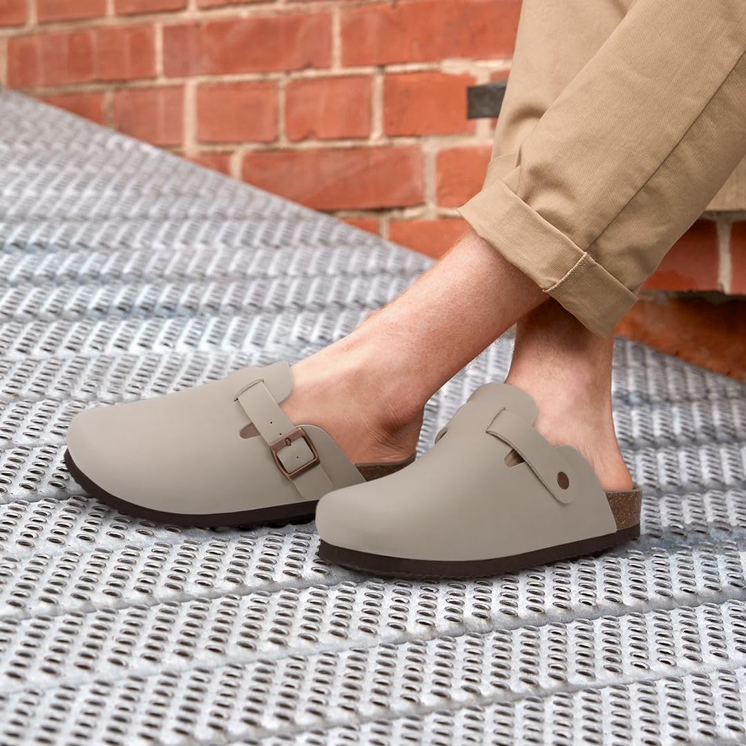 KIDMI Women's Cork Footbed Clogs Leather Mules Comfort Potato Shoes with Arch Support, Light Stone, Size 10 - Image 2