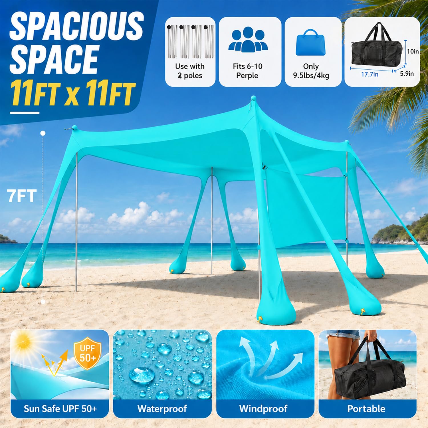 3.1x3.1m Tenda da Spiaggia Ultra Stabile Portatile con Pareti Laterali, Protezione UV UPF50+ Tenda da Mare Super Antivento con 8 Ancoraggi a Sabbia Riempibili e 4 Aste in Alluminio, Turchese