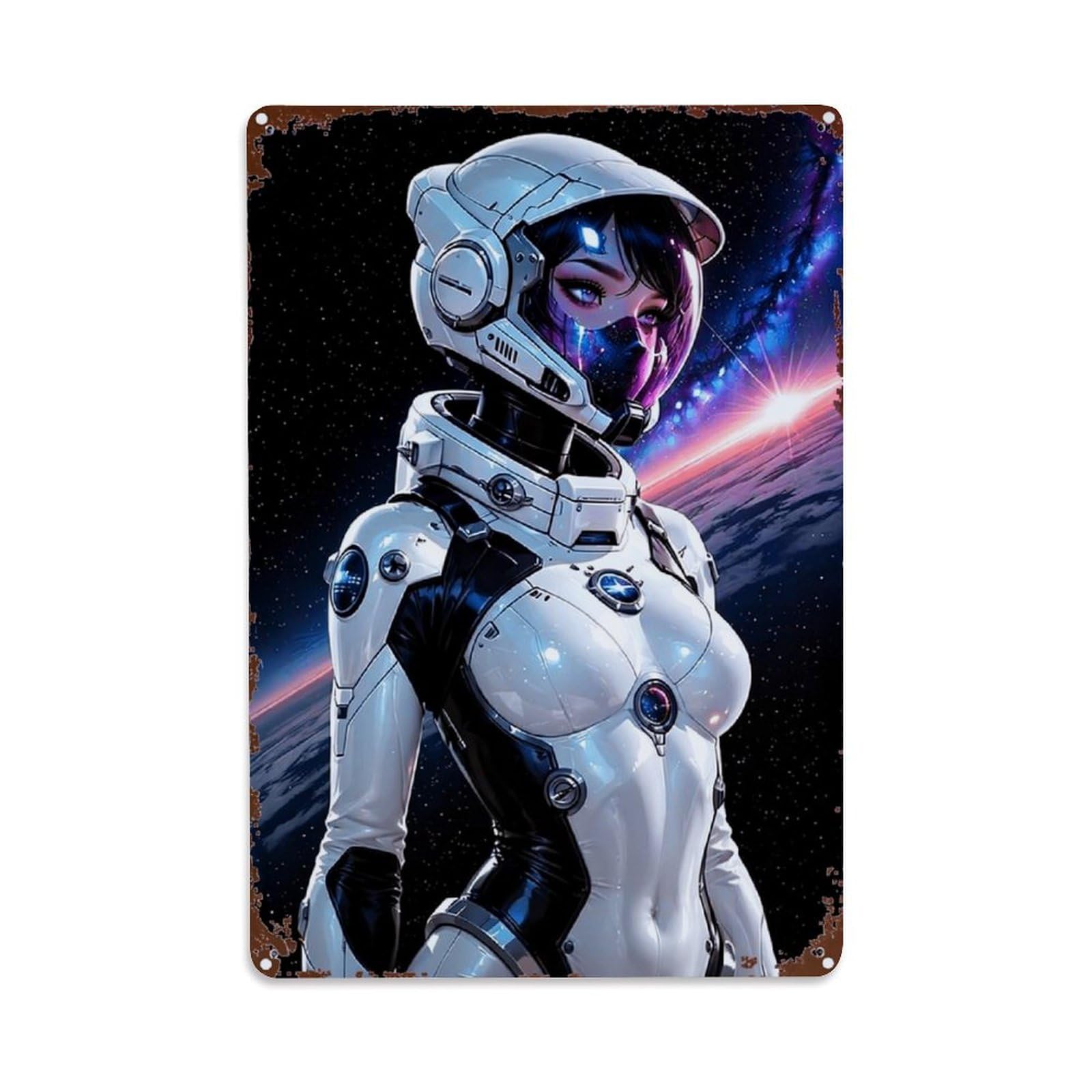 Jdfenggu Vintage Space Suit Woman Cosmic Background Retro Metal Tin Sign, Decor Art Poster For Bar, Home, Man Cave, Kitchen, Laundry Room Gift 8X12inch