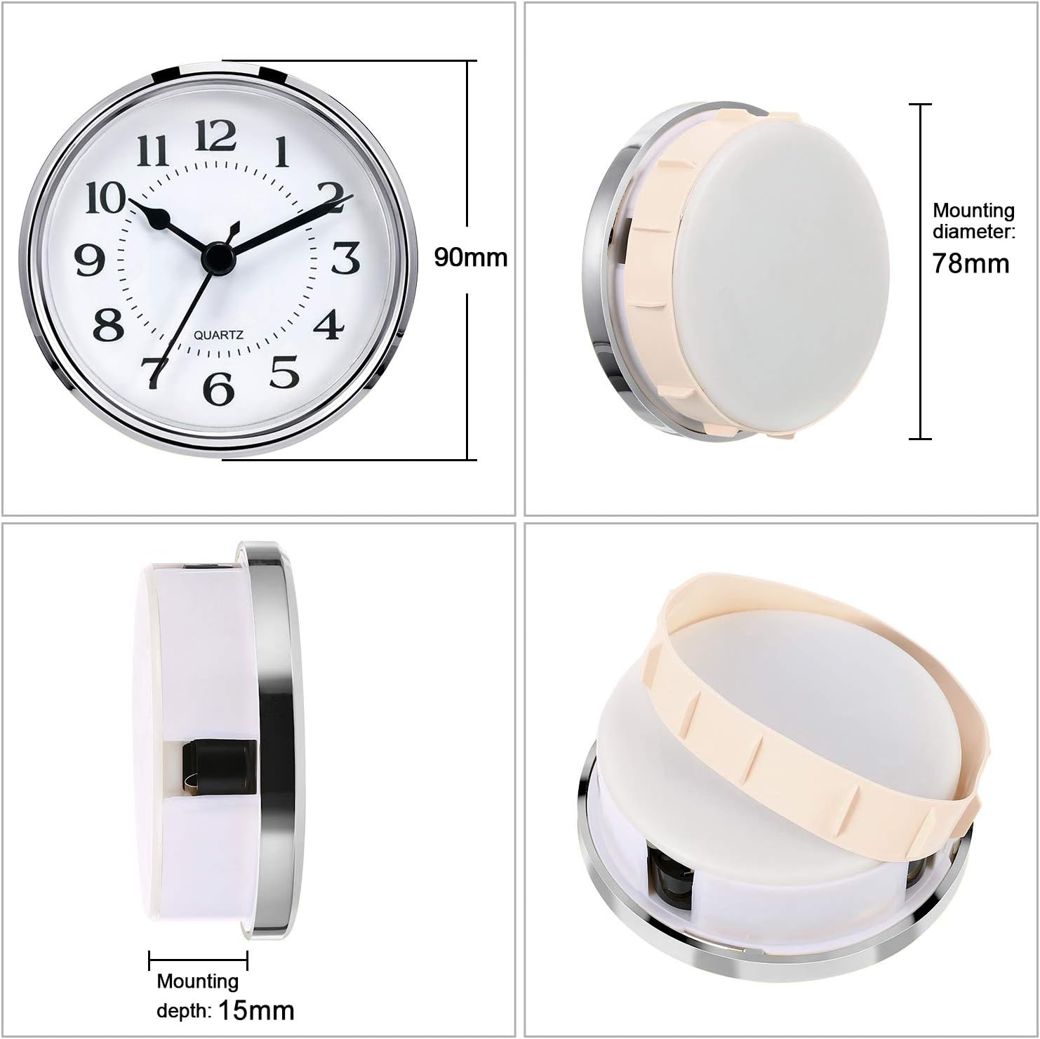 Hicarer 3-1/2 Inch (90 mm) Quartz Clock Fit-Up/Insert with Arabic Numeral, Quartz Movement (Silver Rim)