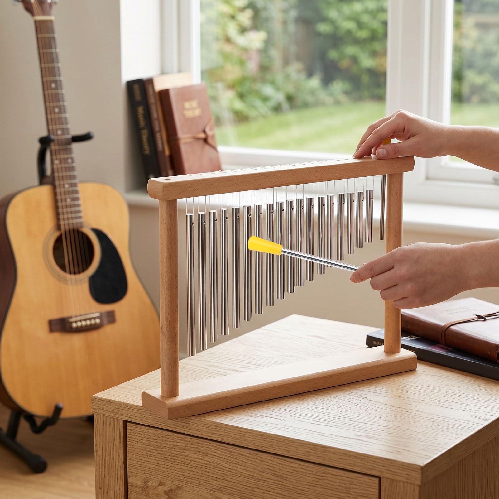 Karlak Strumento a Percussione da Tavolo con Carillon da 20 Note per Meditazione Rilassante Yoga Base in Legno Tubi in Alluminio 39x6,5x26 Cm