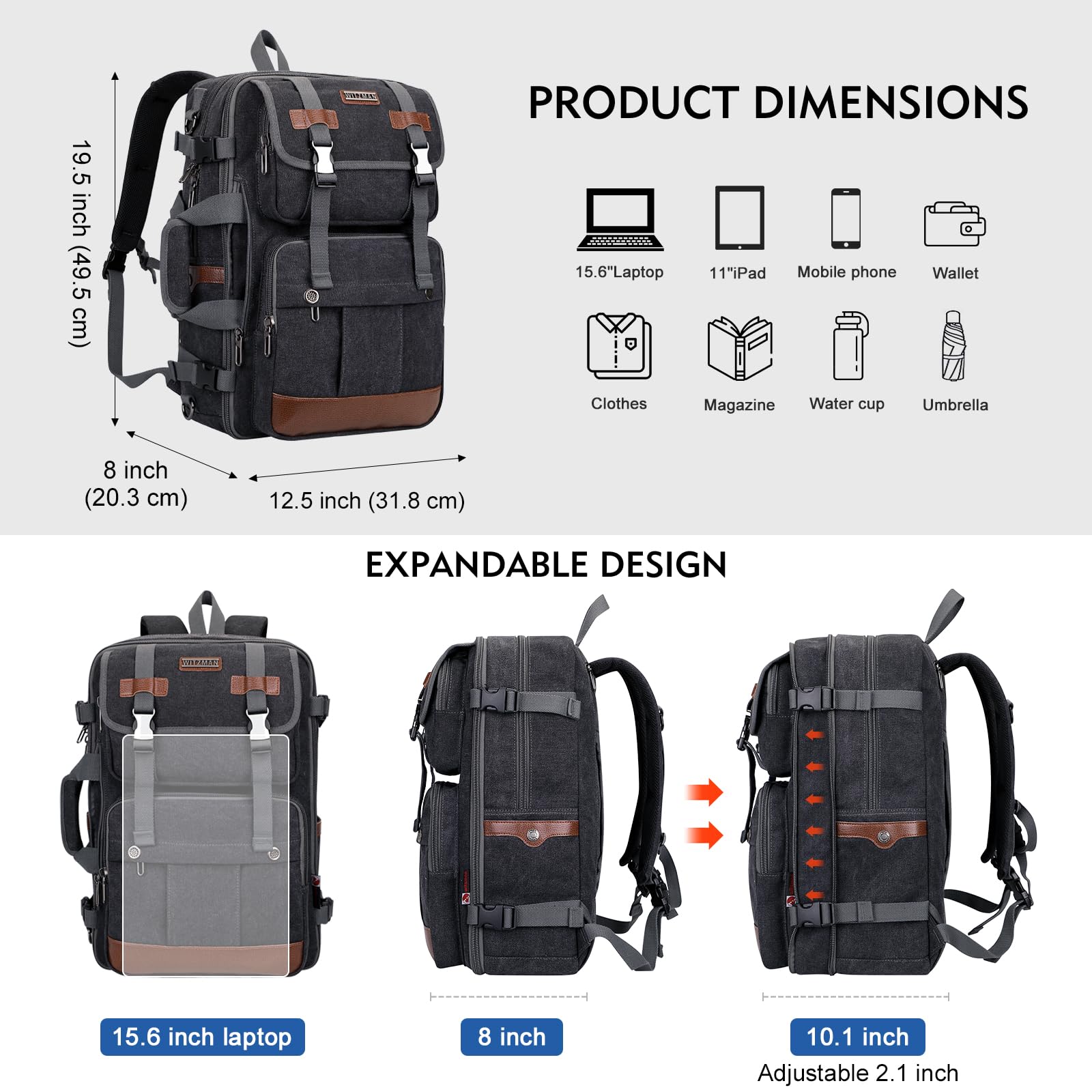 WITZMAN Sac à Dos Homme Voyage en Toile Grand Sac à Dos Ordinateur 3 en 1 | Adapté PC 16 Pouces, Extensible 32L-42L, Convertible, Autorisé Cabine Avion, Sac Bandoulière, Vacances Nuit, A6617-3 Noir