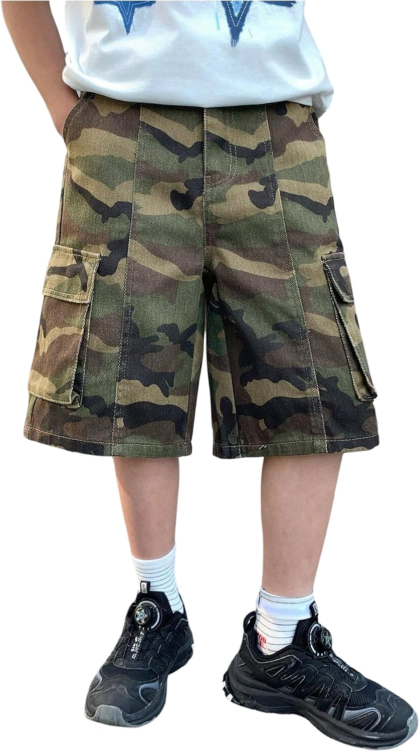 GORGLITTER Boy's Camo Baggy Jorts Y2k Wide Leg Jean Shorts Summer Trendy Denim Shorts with Pockets Streetwear