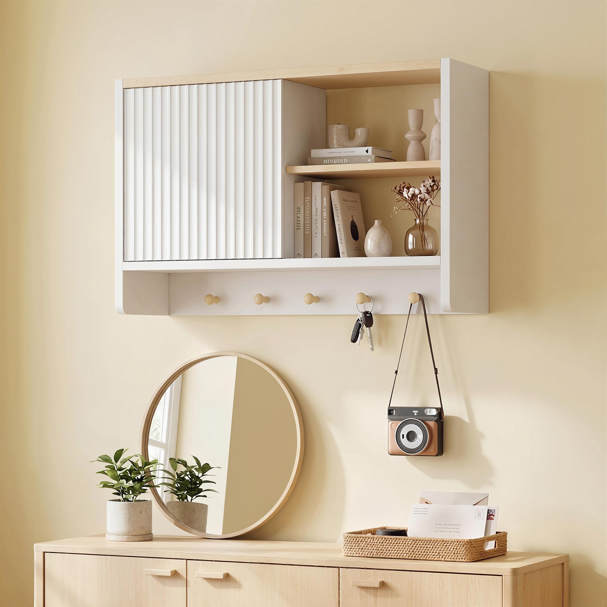 HOMCOM Armoire Murale de Salle de Bain, Meuble de Rangement Suspendu pour Salle de Bains avec Porte, étagères Ouvertes et 5 Crochets, Meuble WC Suspendu, 60 x 20 x 40 cm, Blanc et chêne