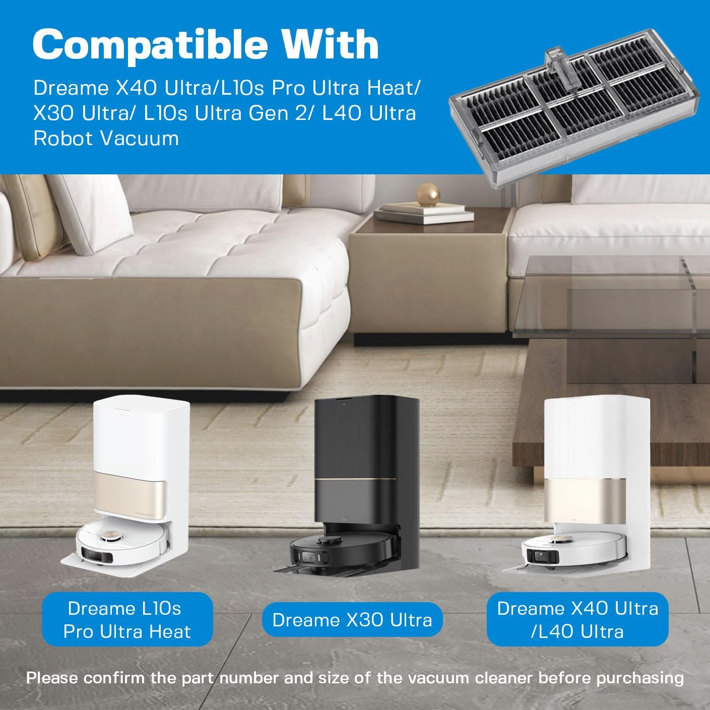 L40 Ultra Replacement HEPA Filters is compatible with Dreame X40 Ultra/L10s Pro Ultra Heat/X30 Ultra/L10s Ultra Gen 2/Mova P50 Ultra/P50 Pro Ultra/P10 Pro Ultra Robot Vacuum Filter（6 Pack）