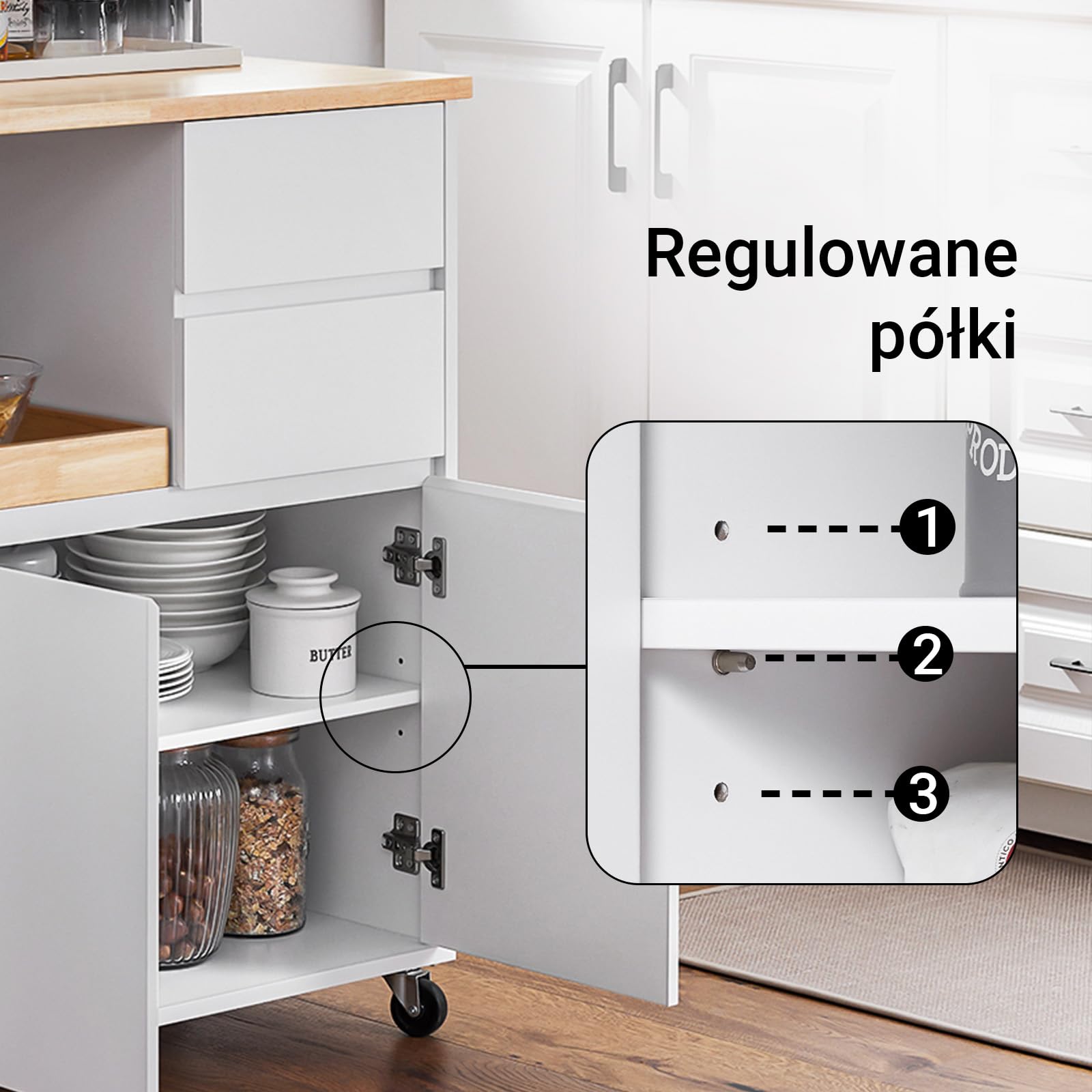 SoBuy FKW123-WN wózek kuchenny z blatem roboczym, wózek do serwowania na kółkach, do kuchni, salonu, jadalni, biały, szer. x wys. x gł.: ok. 72 x 84 x 40 cm