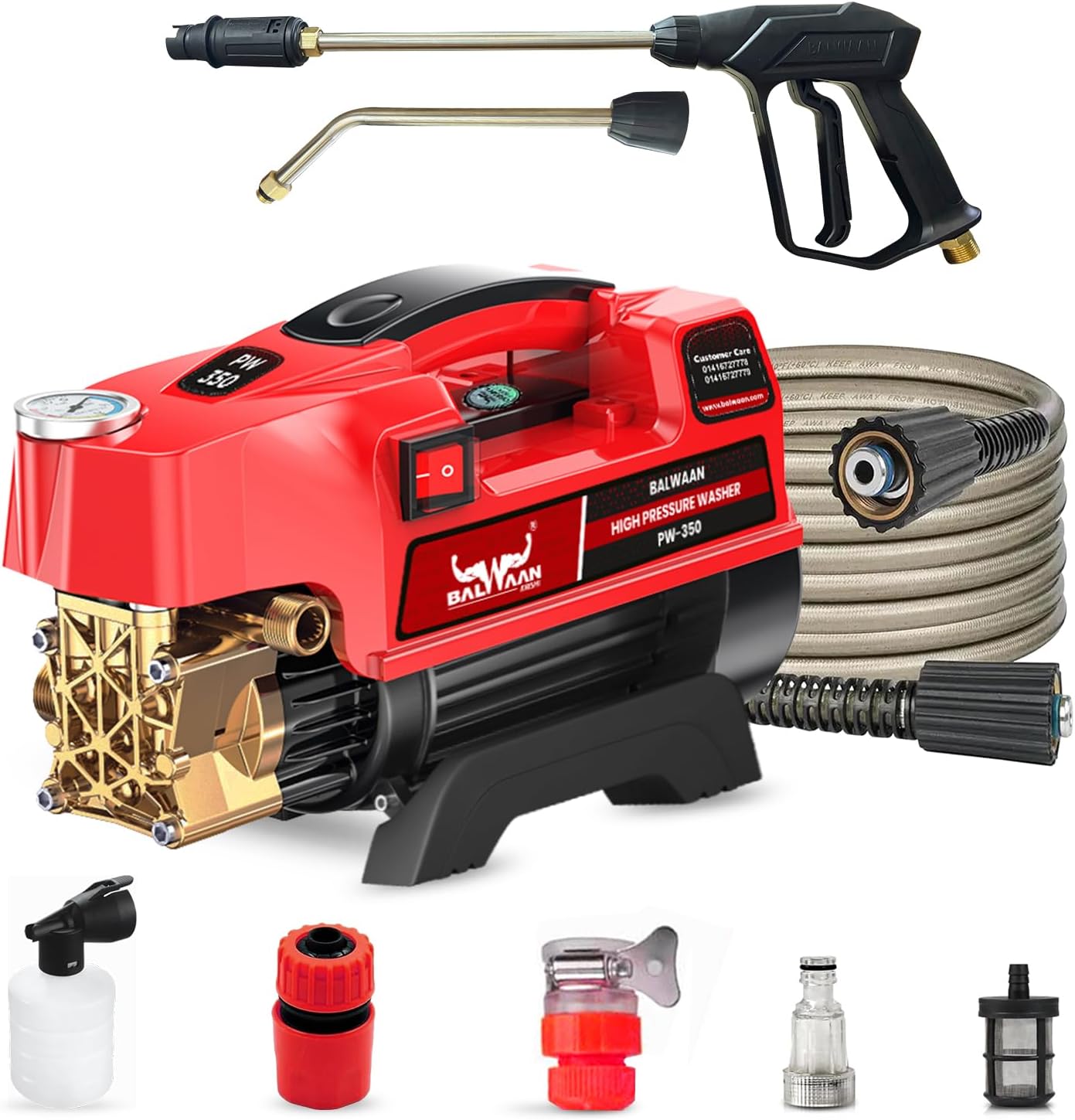 - Balwaan Krishi Pressure Washer Brass Coated Pump 1800w Motor 120-150 Bar Pressure 7.5 LPM Water Flow, 26 Feet Hose Pipe, Straight and Bend Lance Ideal for Car Wash and Cleaning Purpose (Red) | PW-350