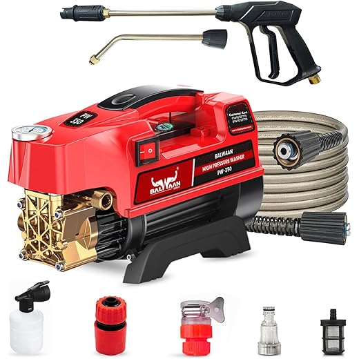 Balwaan Krishi Pressure Washer PW-350 Brass Pump Head 1800w Motor 120-150 Bar Pressure 7.5 LTR/Min Water Flow, 26 Feet Hose Pipe, Straight and Bend Lance Ideal for Car Wash and Cleaning Purposes