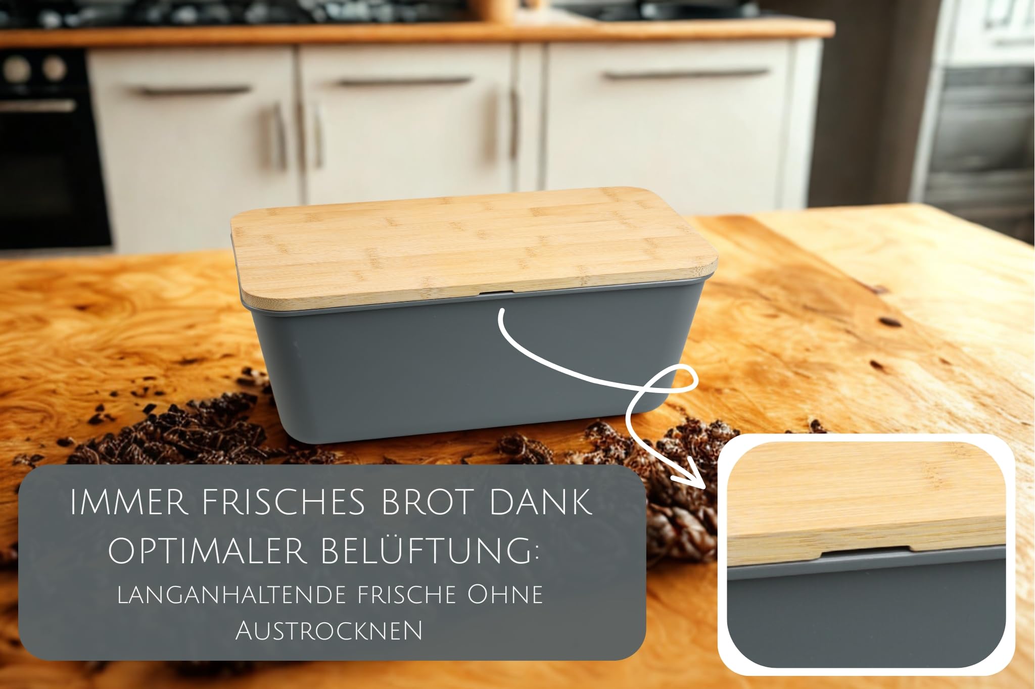 MOON HOME Brotkasten - Airlock Grey, mit vielseitigem Deckel aus Bambus/Holz als Brotschneidebrett, gefertigt aus PP-Kunststoff, verhindert Austrocknen, hält Brot länger frisch, 35.0x20.0x13.5cm