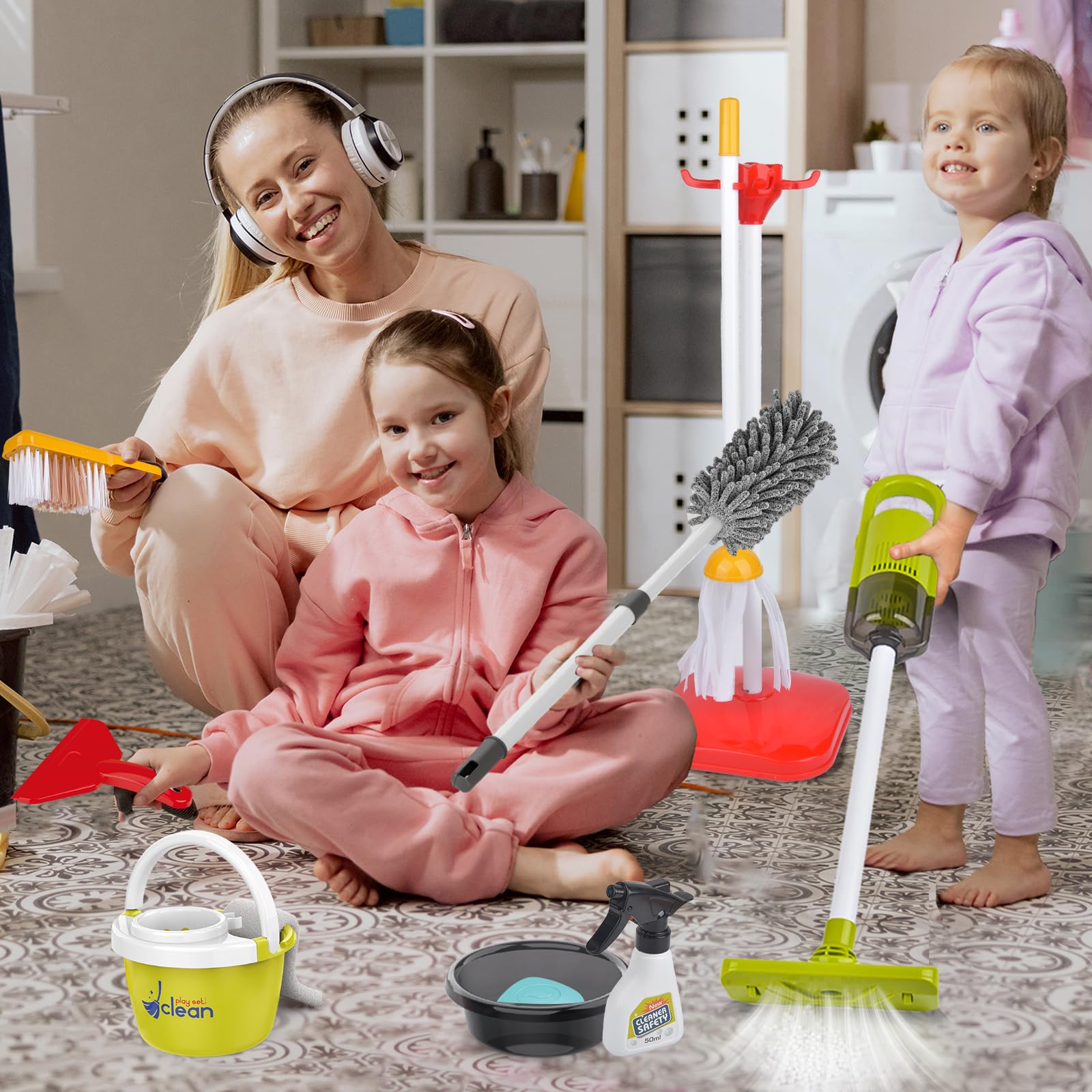 Juego de juguetes de limpieza para niños, 14 juguetes de limpieza para niños pequeños con escoba y recogedor, aspiradora 2 en 1 que realmente funciona, aspiradora para niños, suministros de limpieza 8