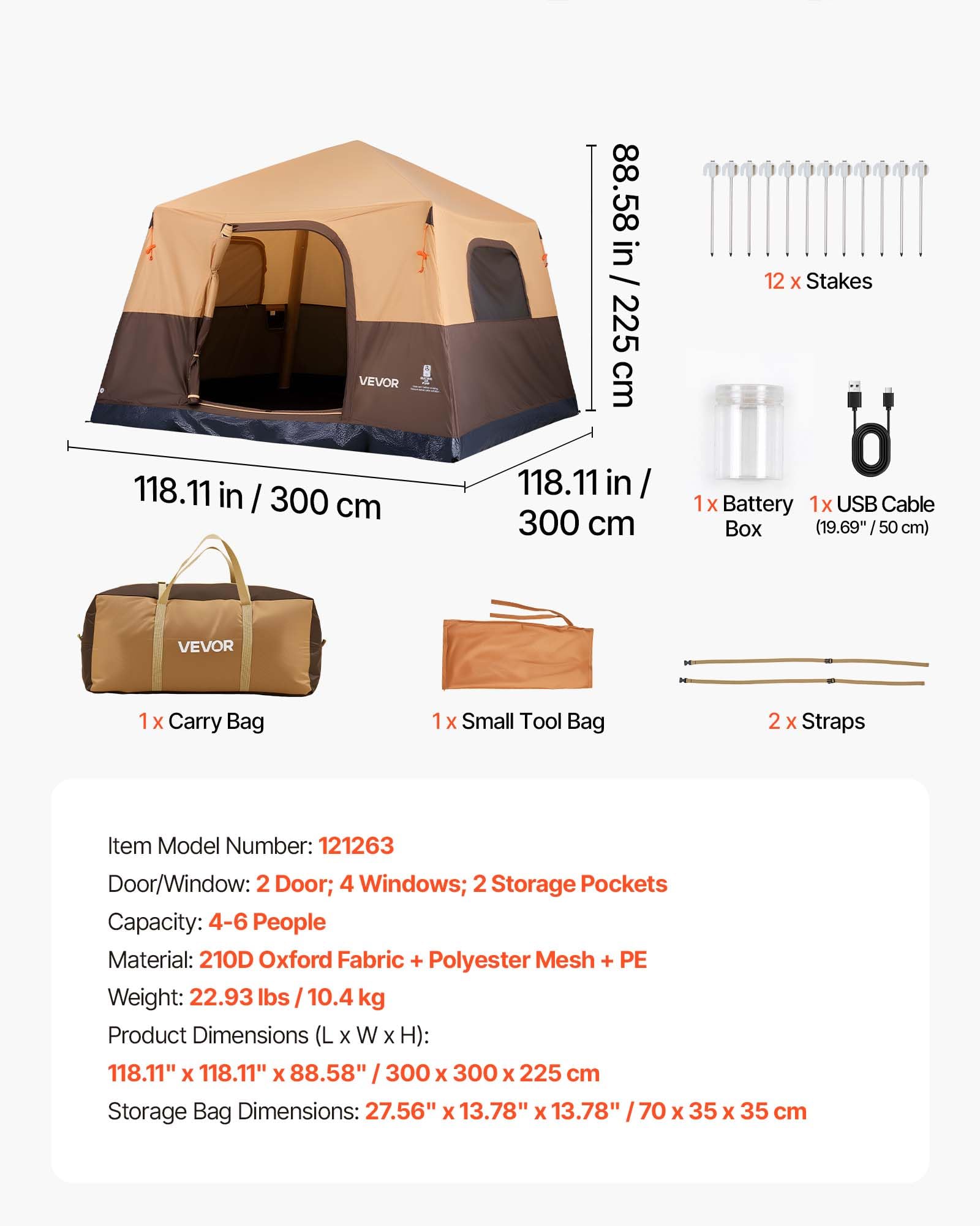 VEVOR Campingzelt 6 Personen, Aufblasbares Familienzelt mit Wiederaufladbarer Pumpe, TPU-Luftschlauch & 4 Netzfenstern, Kabinenzelt mit Tragetasche für Familien-Camping & Wandern, Beige