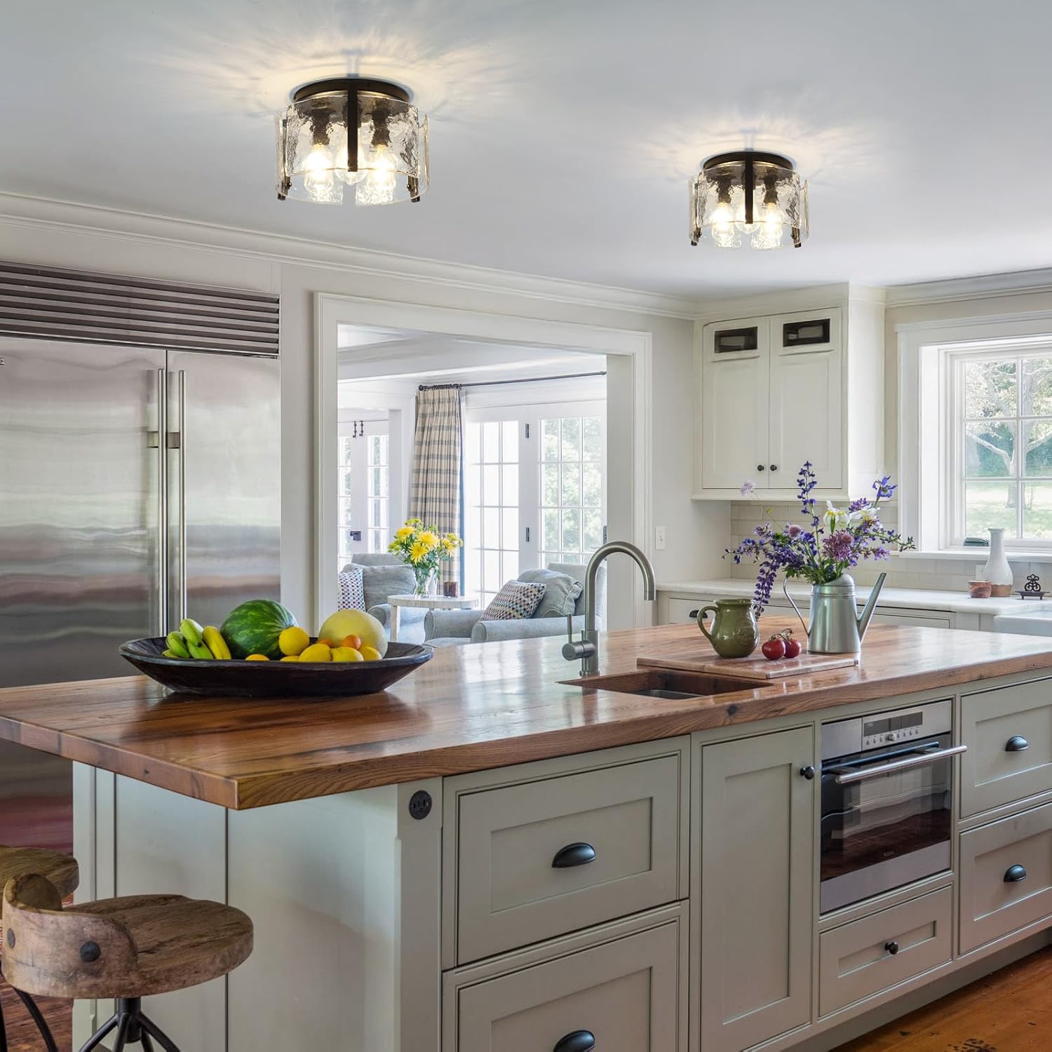 Black Semi Flush Mount Ceiling Light Fixture, 3-Light Foyer Lighting Fixtures Ceiling Mount with Seeded Glass Lampshade, Modern Kitchen Lights Ceiling for Hallway Farmhouse Entryway Bedroom Bathroom