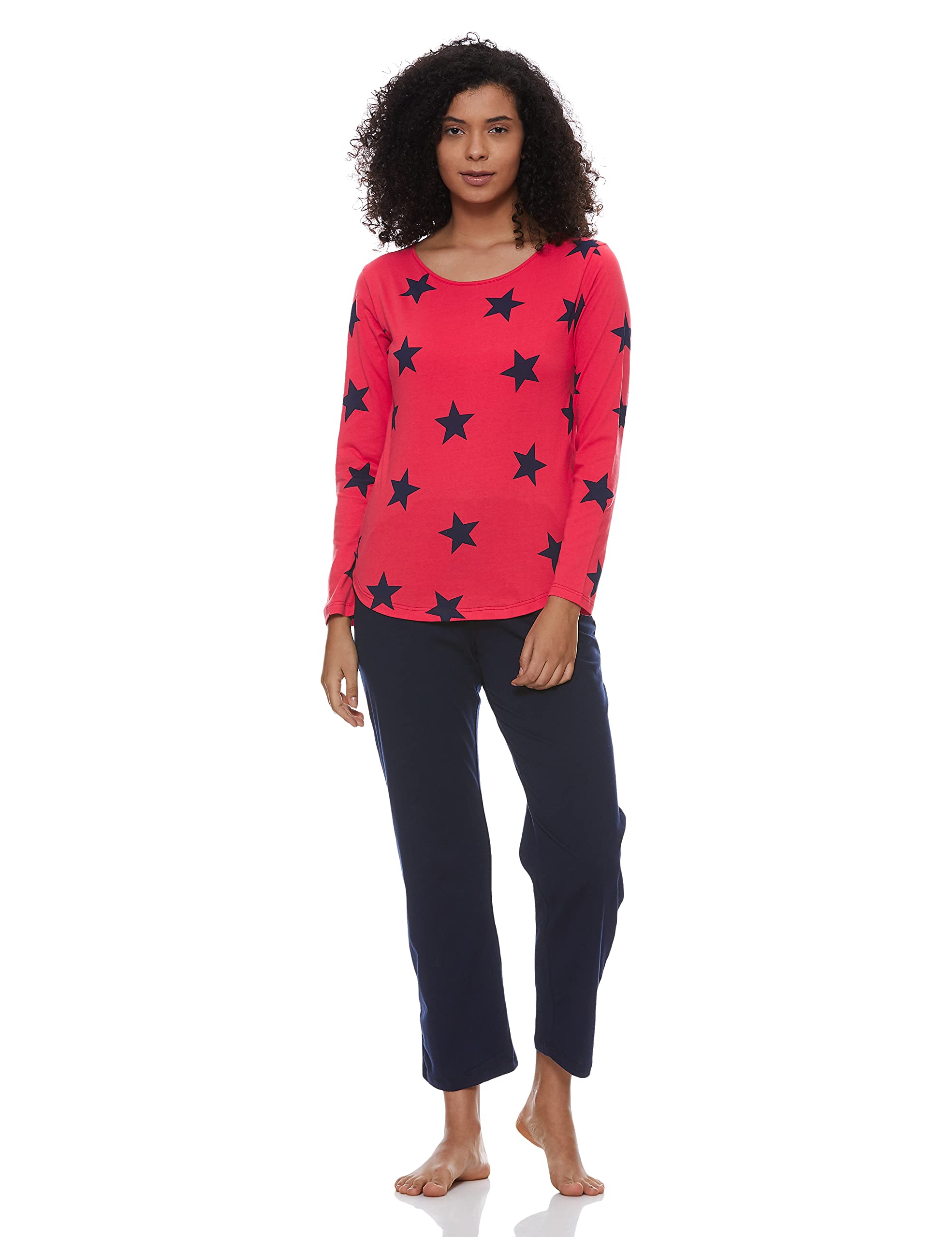 A.T.U.N. Women's Full-Sleeves Tee with Pyjamas Set Red-Navy