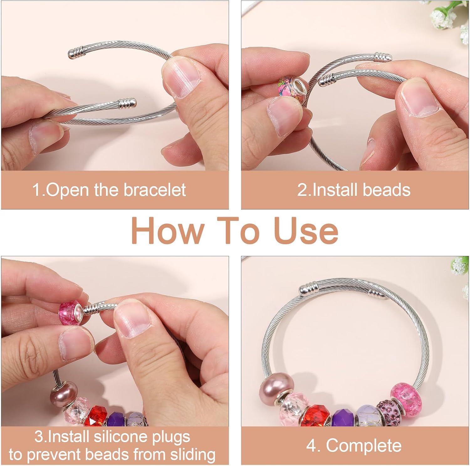 50 Pcs Snake Charm Bracelet Set Stainless Steel Expandable Bangle Bracelets Silver Adjustable Snake Bracelet Chain for Women DIY Jewelry Making Supplies Birthday Gifts