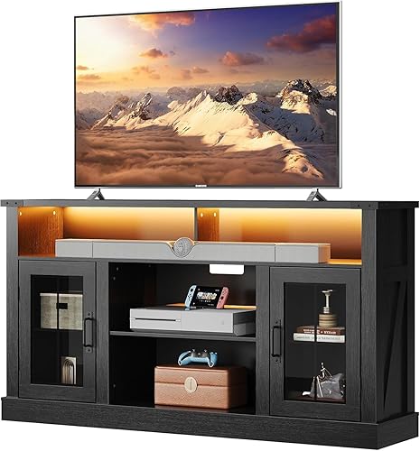 Miniatura 8 de WLIVE Soporte de TV de granja para TV de 65 pulgadas, centro de entretenimiento alto con luces LED y armarios de almacenamiento, mesa consola negro