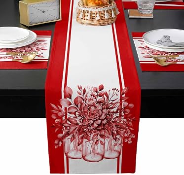 Red Eucalyptus Table Runner with Placemats Set of 6, Cotton Linen Kitchen Dining Mats Long Table Cover 16x72, Table Mats Set for Living Room/Dresser/Dining Spring Summer Plant Leaf Farmhouse Stripe