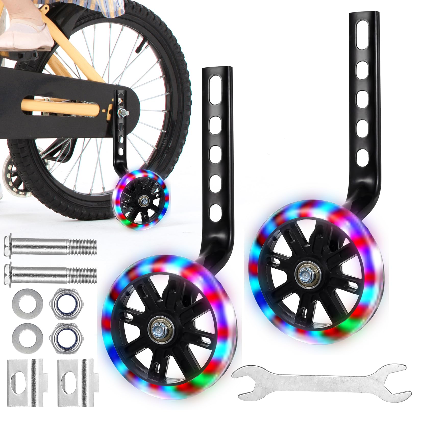 Bike Stabilisers for Bike Wheel, Adult Stabilisers for Bikes, Flash Wheels for 12 14 16 18 20 Inch Bicycle Training Wheels Supports with Bicycle Stabilizers Mounted Kit Accessories