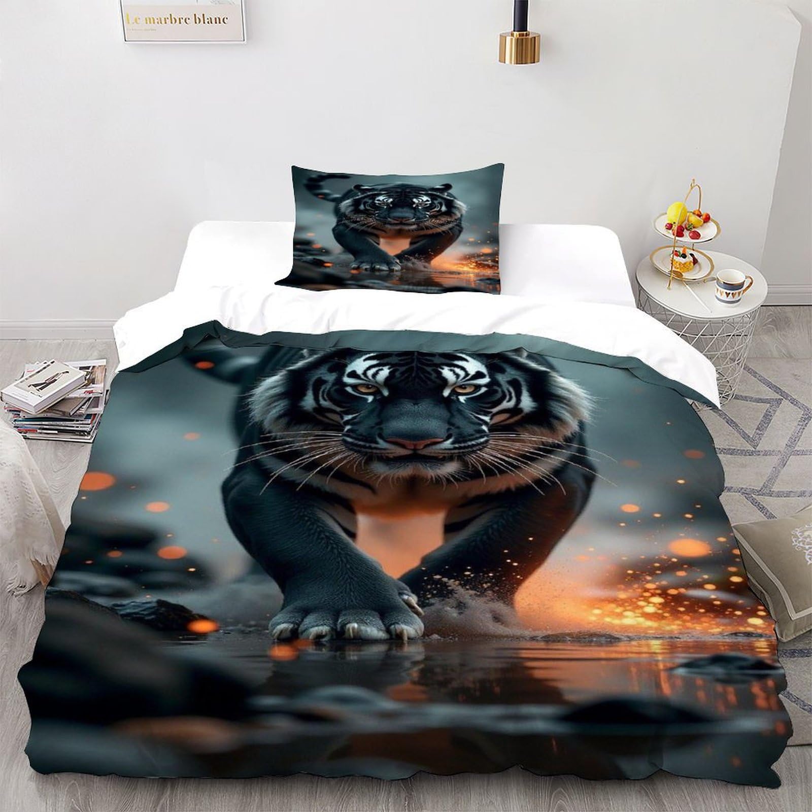 Parure de couette tigre flamme en microfibre 135x200cm avec taie