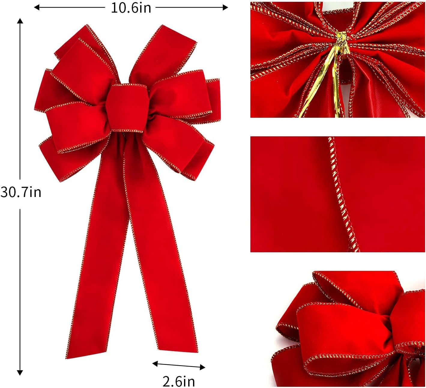 6PCS 30.7 x 10.6inch Large Red Christmas Velvet Bow, Christmas Valentine's Day Golden Edged Velvet Wreath Bow - Image 2